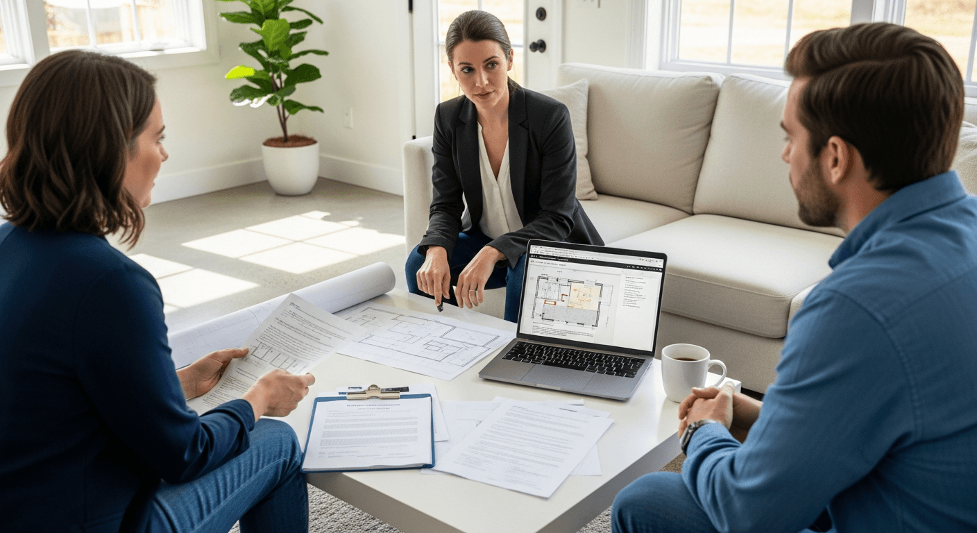 Брокер на недвижими имоти обсъжда дефекти на имот с купувачи в модерна домашна обстановка