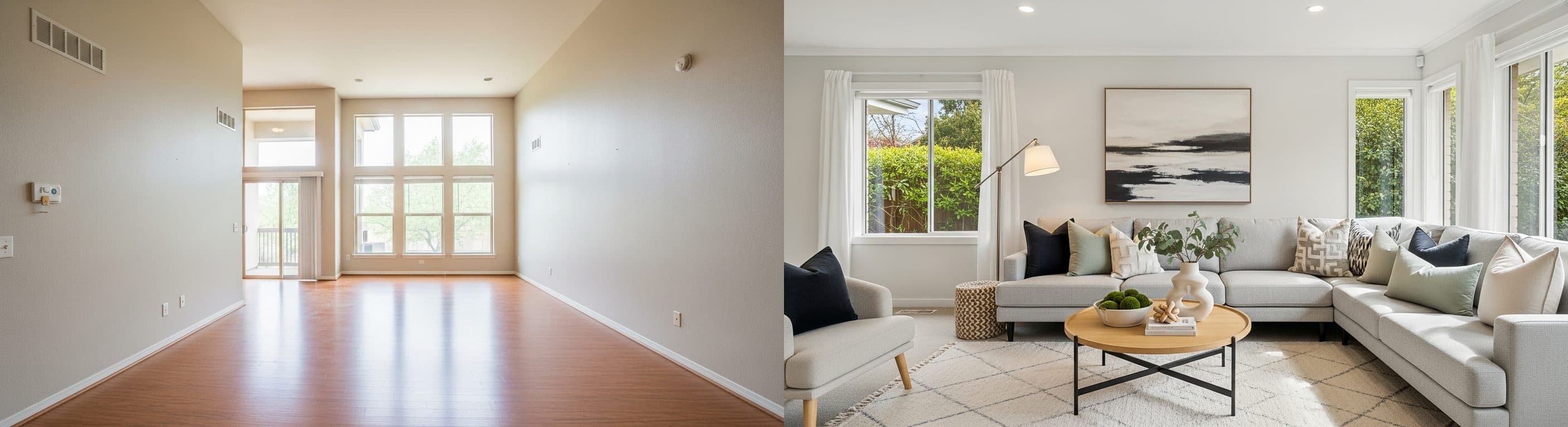 Vardagsrum: före vs efter virtuell styling