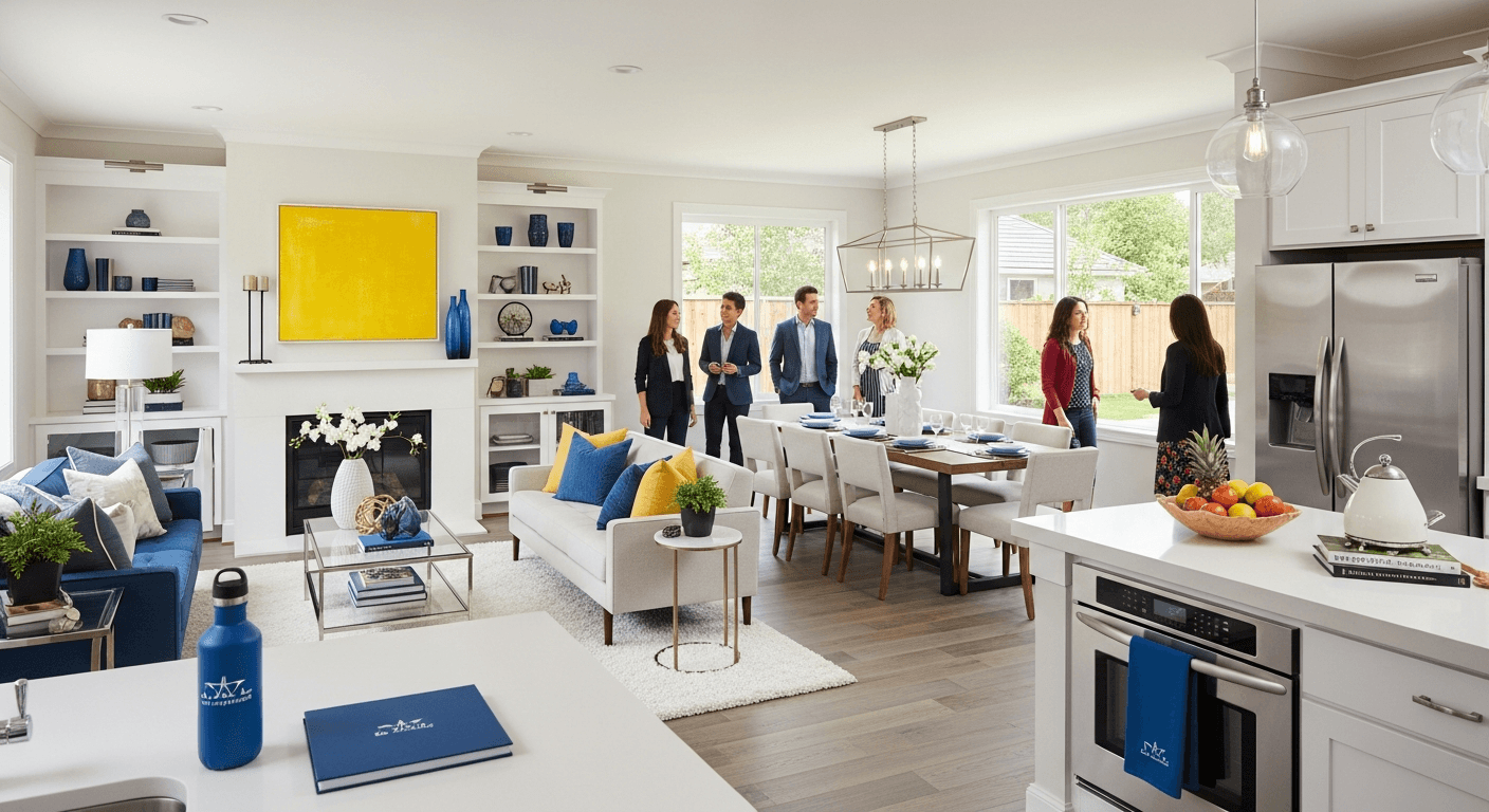 Modernt vardagsrum stylat för ett öppet hus-evenemang med besökare som utforskar