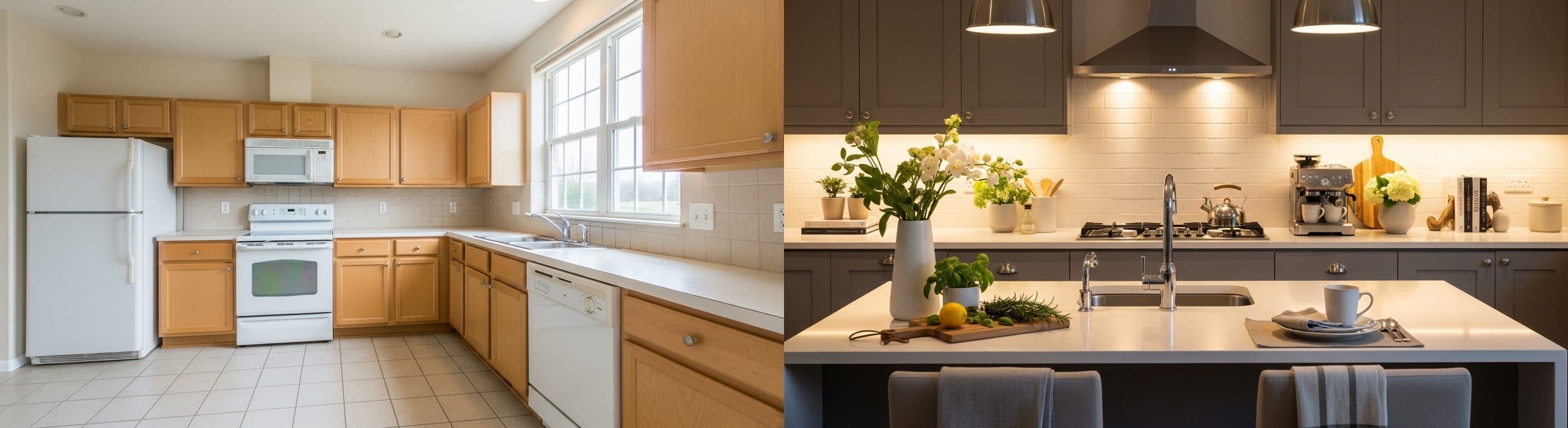 المطبخ: قبل مقابل بعد التأثيث الافتراضي