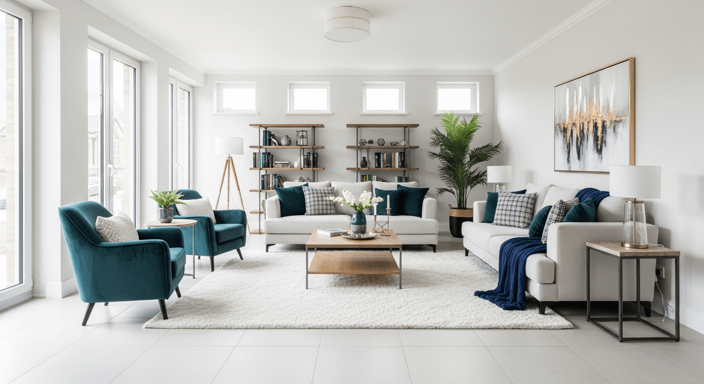 Un soggiorno splendidamente allestito con potenziali acquirenti che visitano la proprietà, riducendo il ghosting dopo le visite