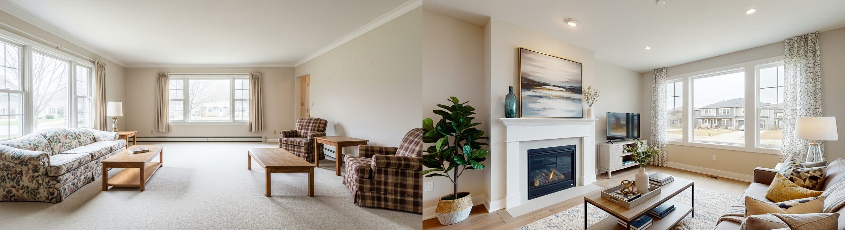 غرفة المعيشة: قبل وبعد التصميم الافتراضي