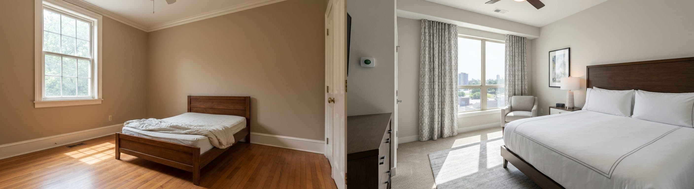 غرفة النوم: قبل وبعد التصميم الافتراضي