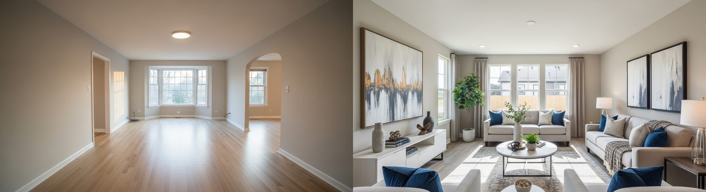 غرفة المعيشة: قبل وبعد التنسيق الافتراضي