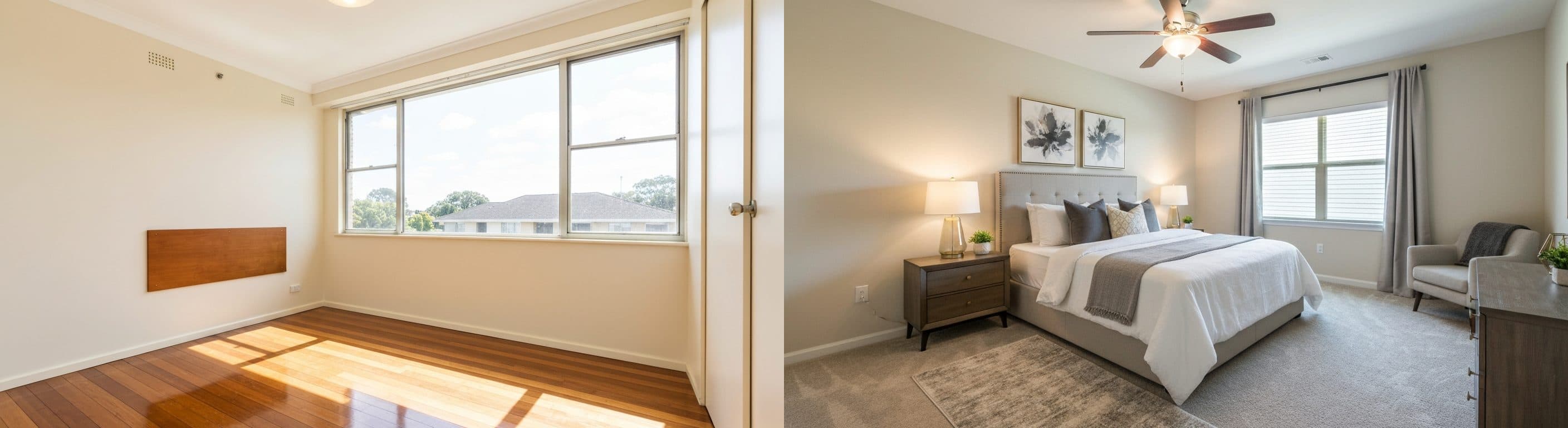 غرفة النوم: قبل وبعد التنسيق الافتراضي