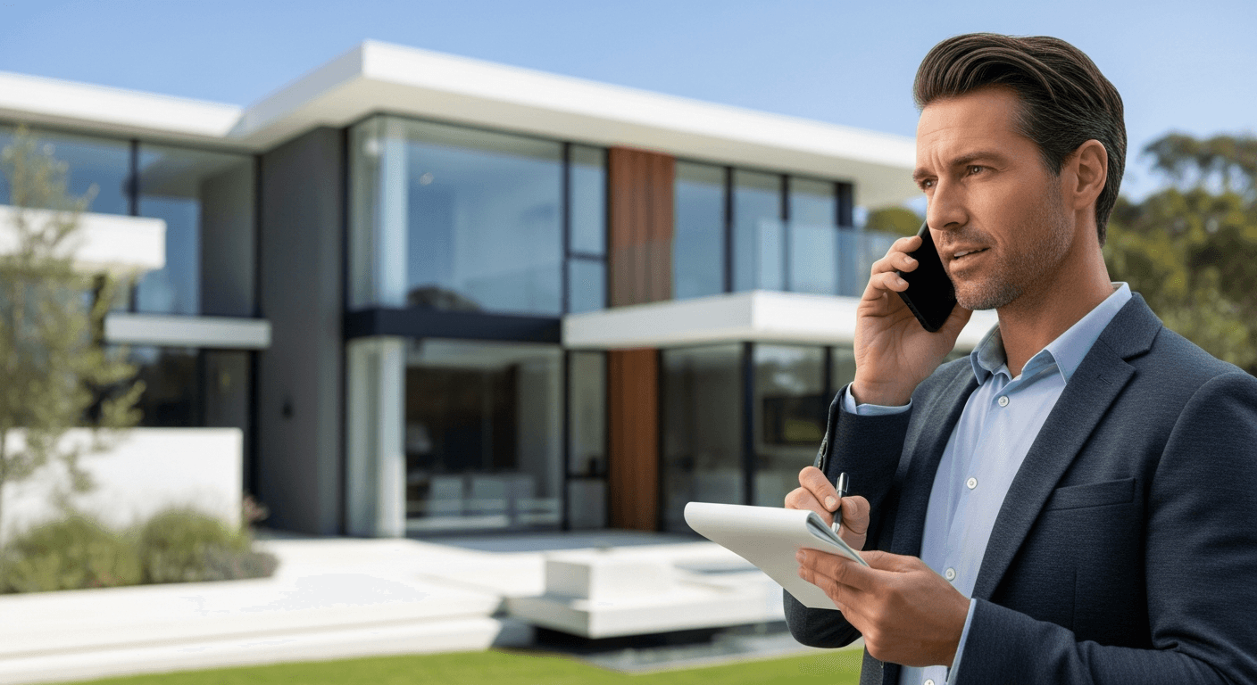 وكيل عقارات يناقش أسئلة مع مشترٍ محتمل قبل معاينة العقار