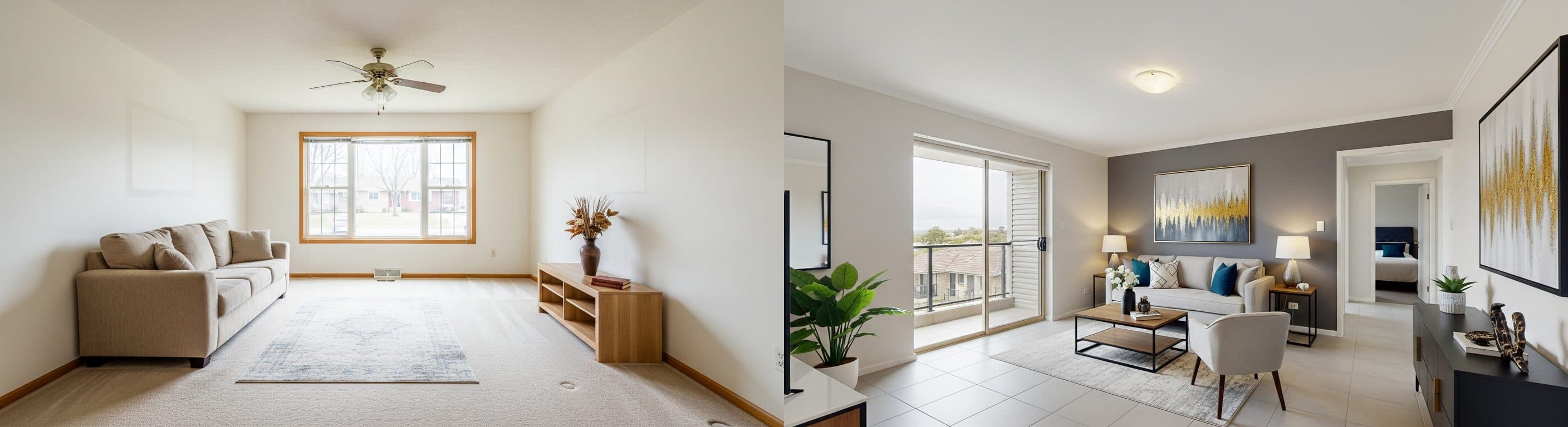 Vardagsrum: före vs efter virtuell styling