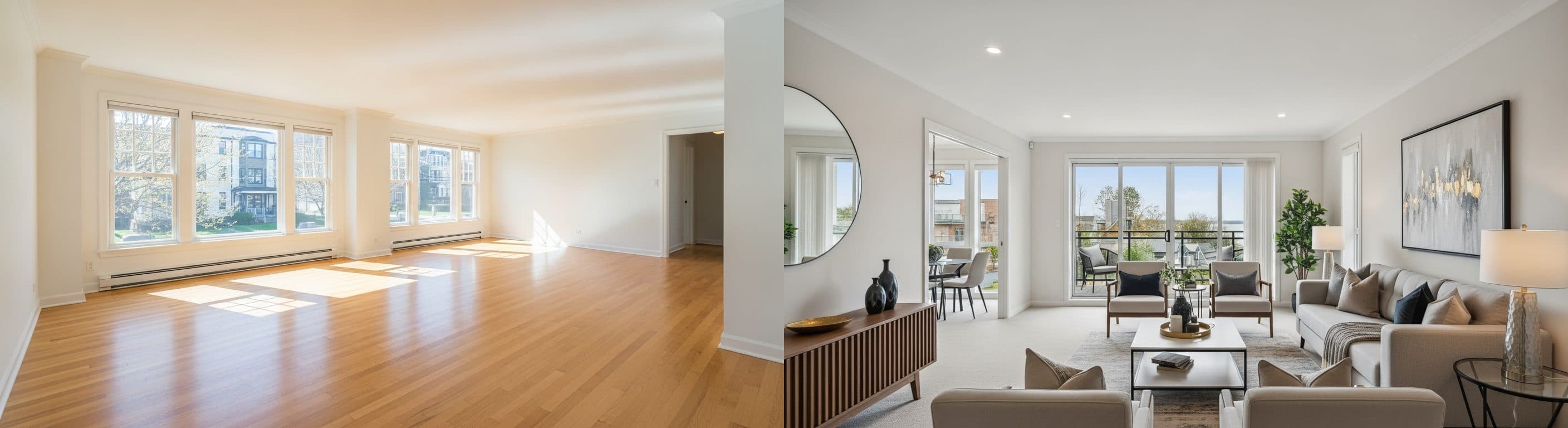 غرفة المعيشة: قبل وبعد التجهيز الافتراضي