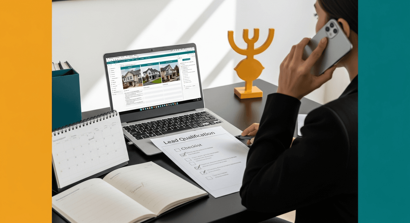 Agjent imobiliar që kualifikon një lead blerësi para një vizite në pronë me një listë kontrolli dhe telefonatë