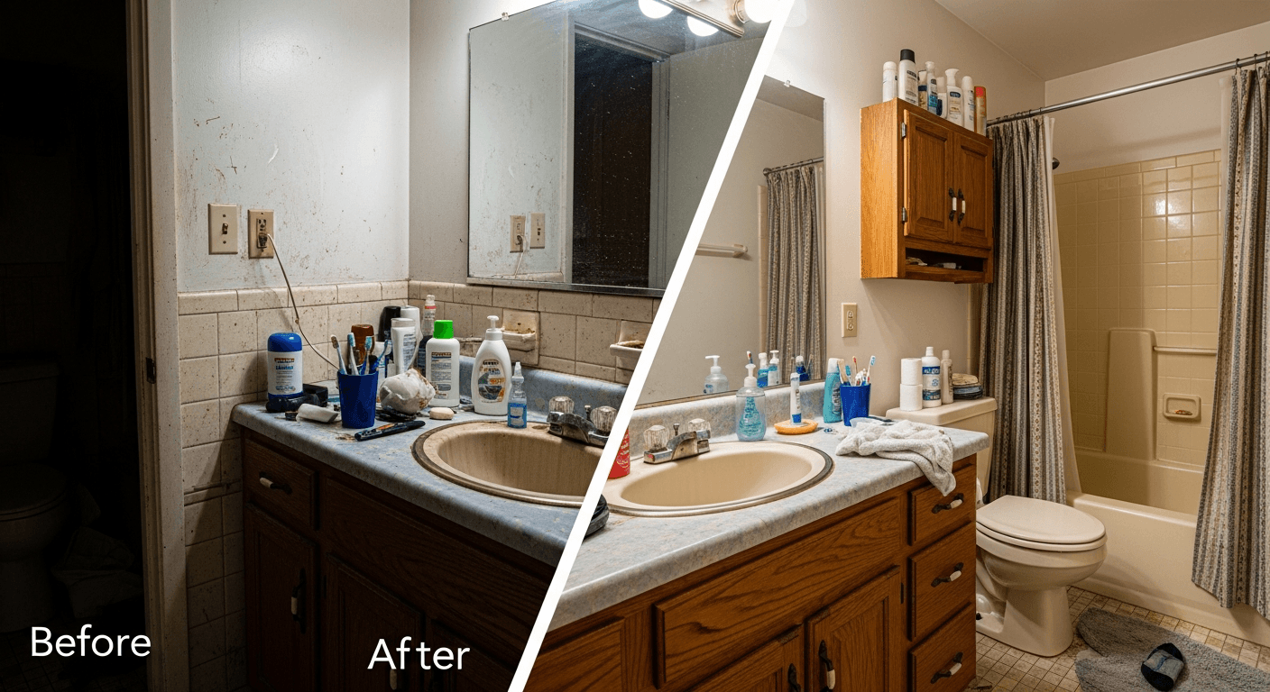 Before and after low budget bathroom staging transformation
