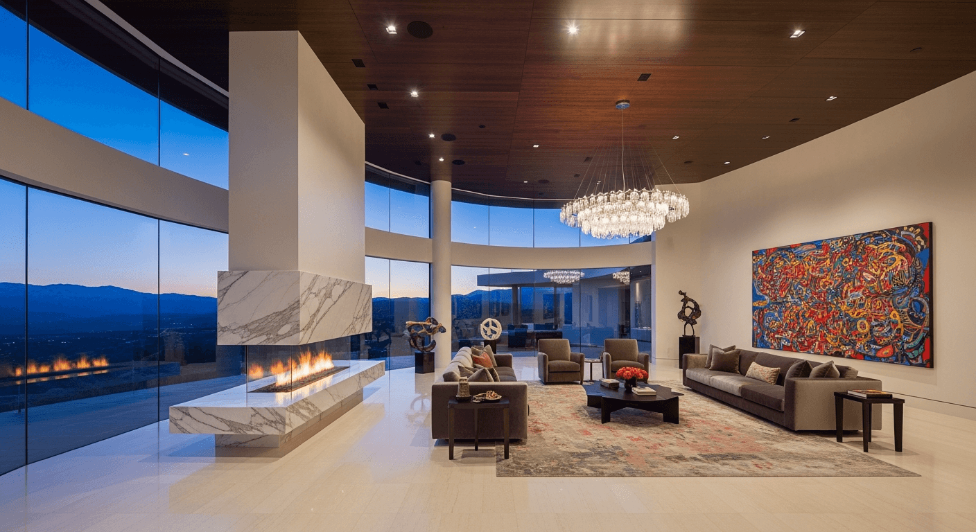 Luxurious living room with wide-angle shot emphasizing opulent interiors and lifestyle