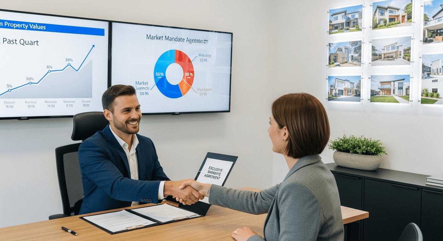 Professionel ejendomsmægler diskuterer eneaftale med sælger
