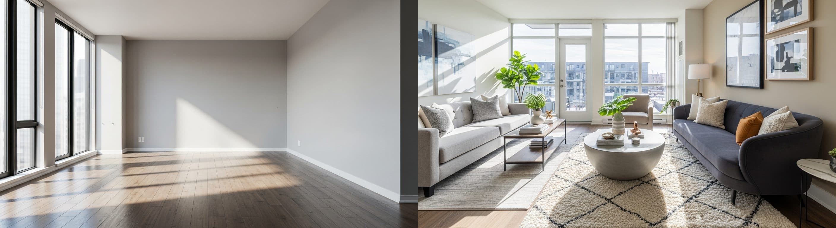 Гостиная: до и после виртуального стейджинга