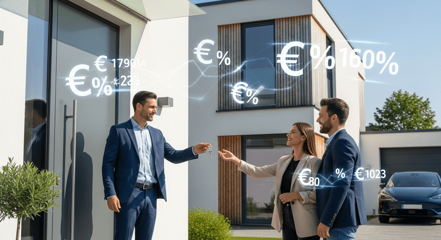 Modern bir Alman ev ortamında alıcılar ve satıcılarla komisyonları tartışan bir emlakçının illüstrasyonu