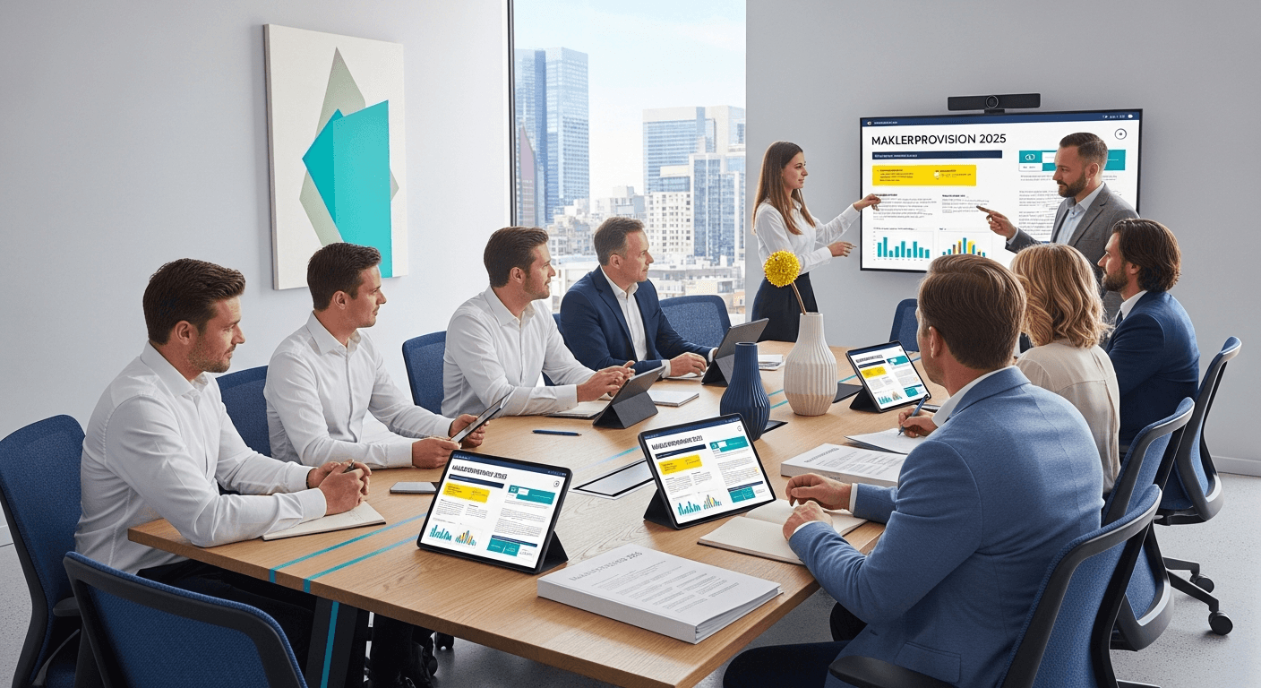 Bir emlakçının, bir mülk satış masası etrafında alıcılar ve satıcılarla Emlakçı Komisyonu 2025'i tartıştığı illüstrasyon