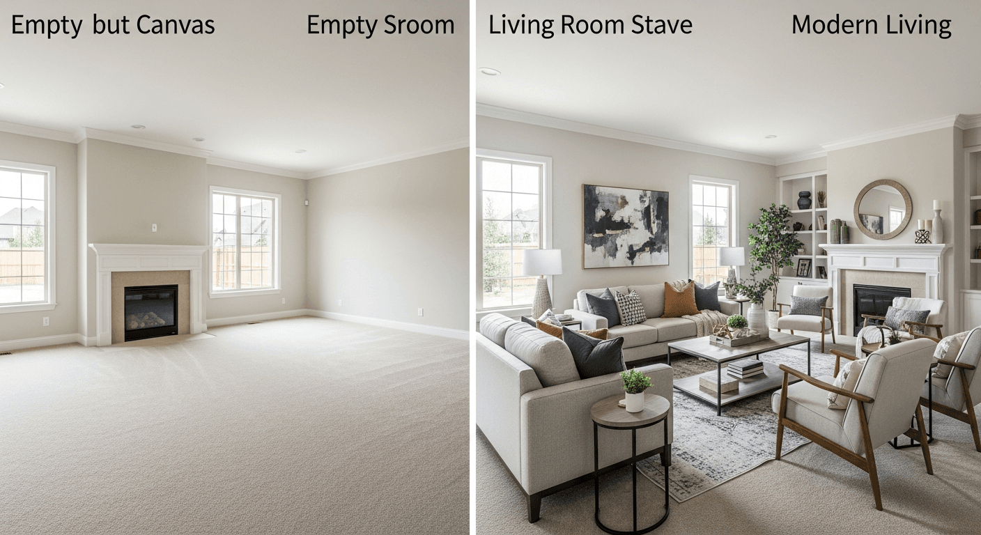 غرفة معيشة عقار فاخر: قبل وبعد التنسيق الافتراضي