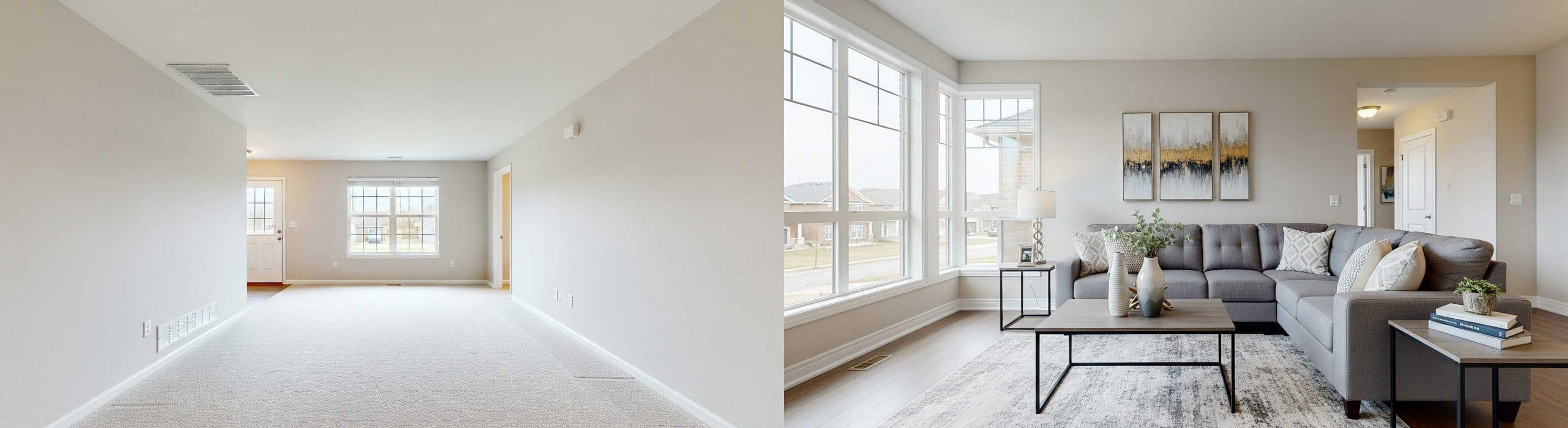 غرفة المعيشة: قبل وبعد التأثيث الافتراضي