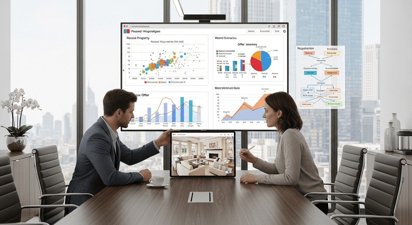 وكيل عقاري محترف يتفاوض على بيع منزل باستخدام صور عقارية مؤثثة