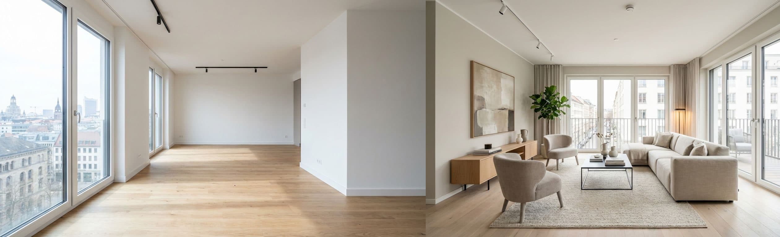 Living room (open-plan): before vs after virtual staging