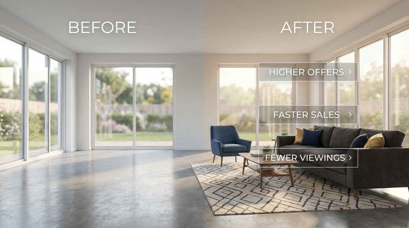Virtual staging ROI concept showing before-and-after living room and improved listing performance