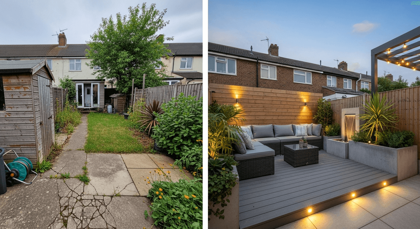 Imagen de antes y después de una mejora de jardín mostrando mini cambios con maxi impacto