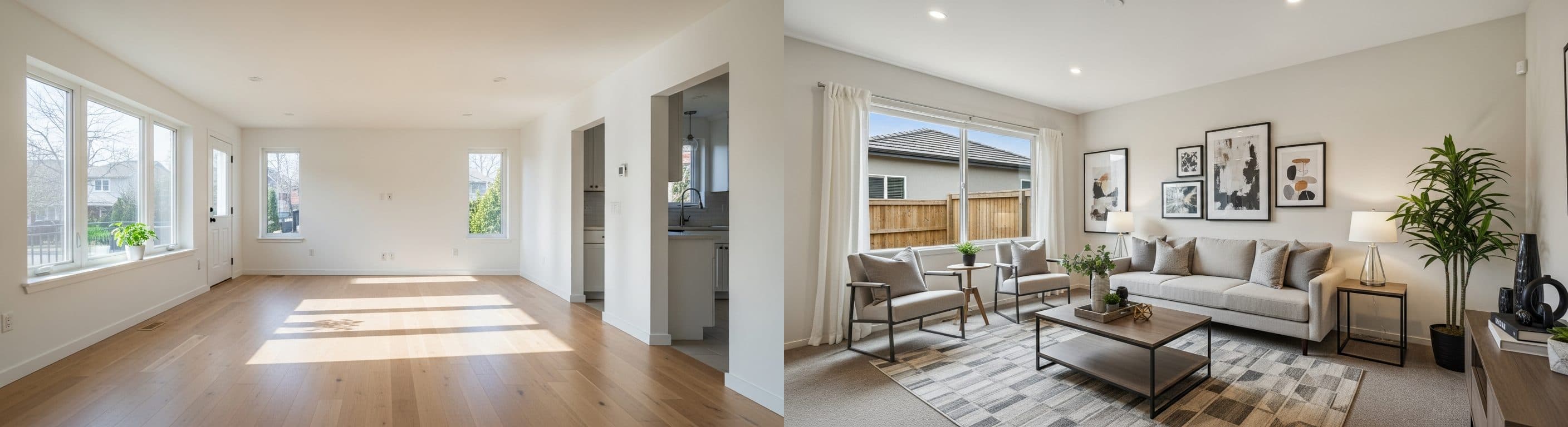 غرفة المعيشة: قبل وبعد التجهيز الافتراضي