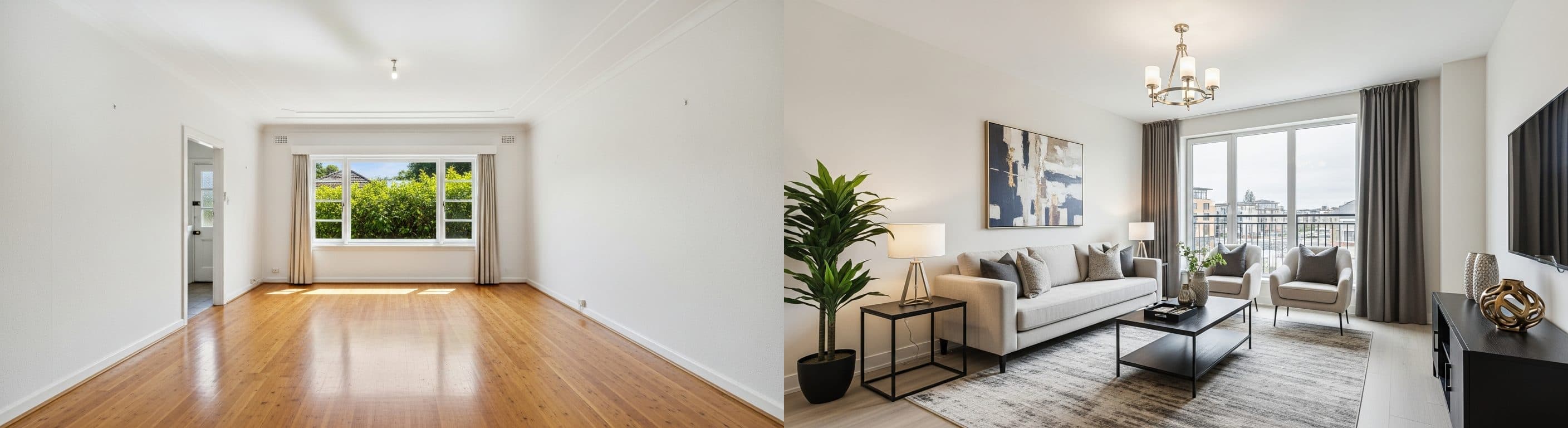 Obývací pokoj: před a po virtuálním stagingu