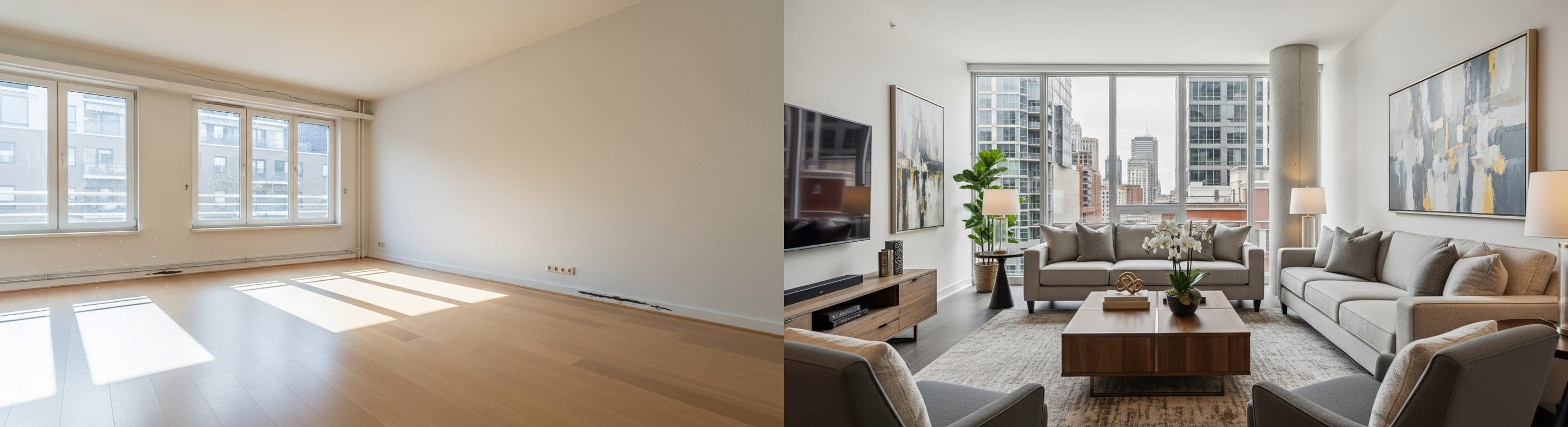 Living Room: before vs after virtual staging