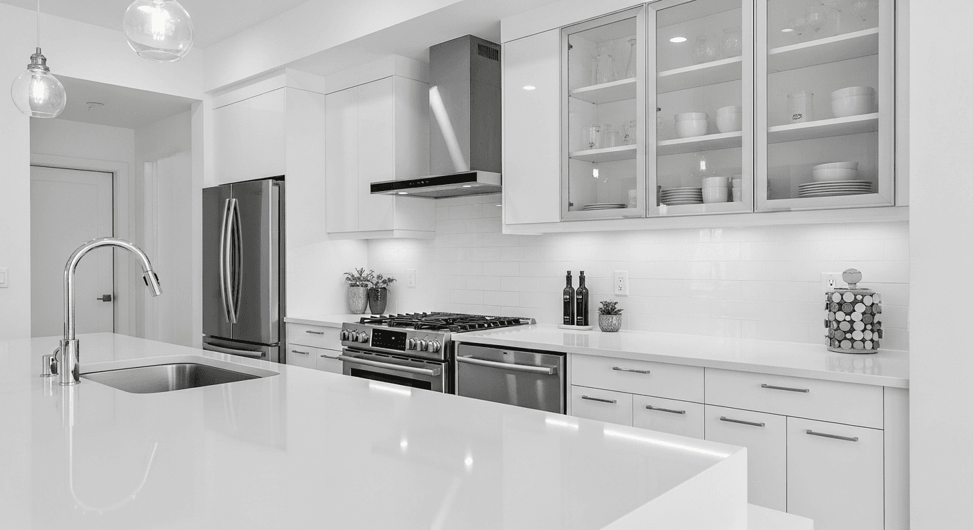 صورة عقارية احترافية لمطبخ حديث بأسطح زجاجية وكروم، بدون انعكاسات مرئية