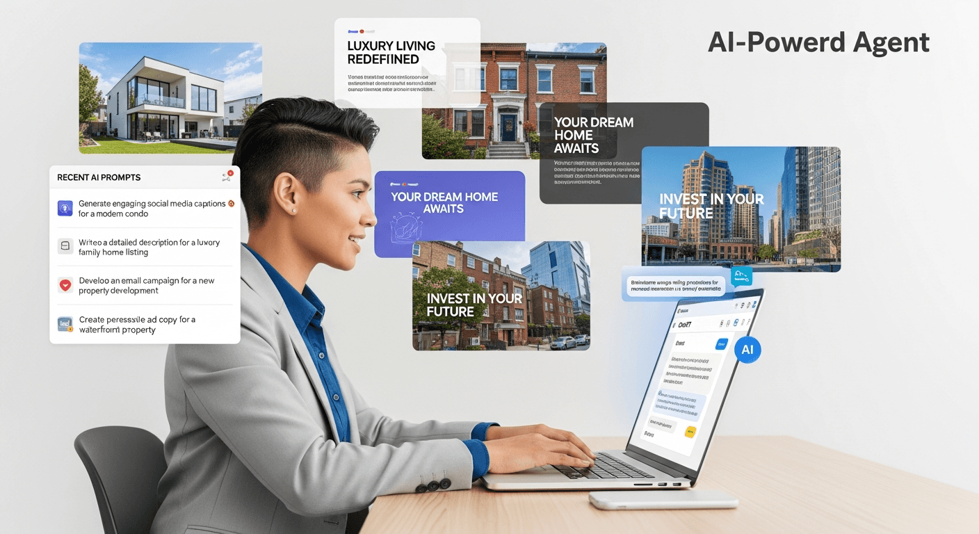 Illustratie van een makelaar die AI-prompts gebruikt op een computer met vastgoedafbeeldingen en tekstoverlays