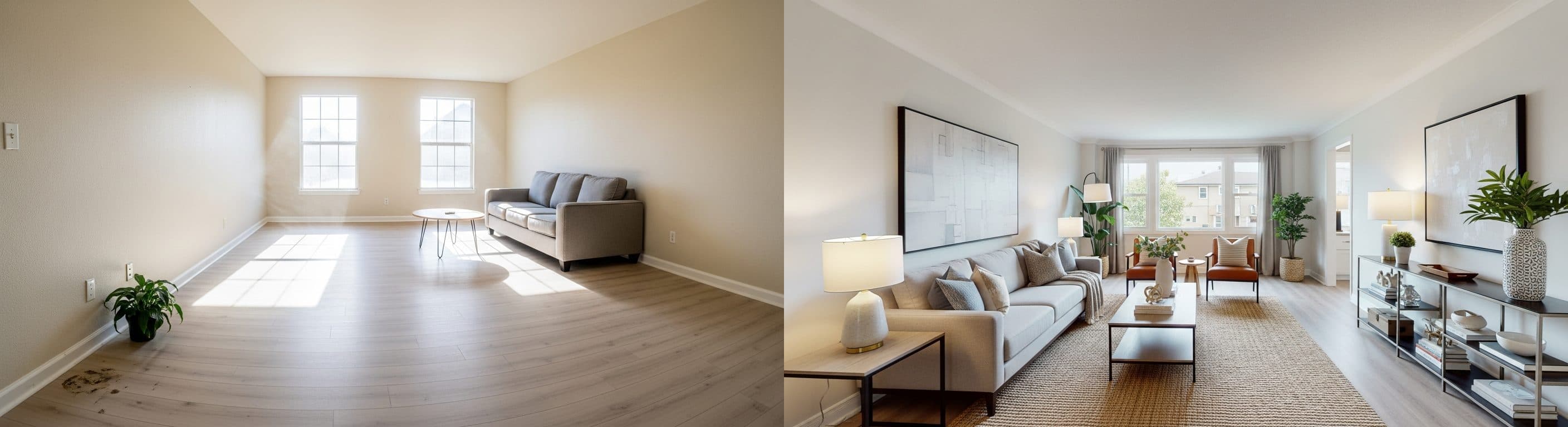 غرفة المعيشة: قبل وبعد التجهيز الافتراضي