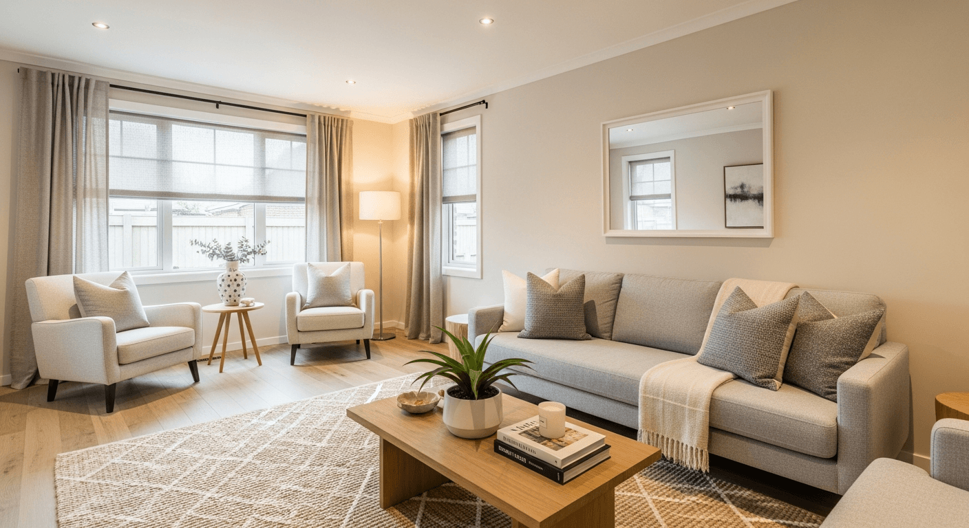 Emlak görüntüleme turu için güzelce sahnelenmiş bir oturma odası