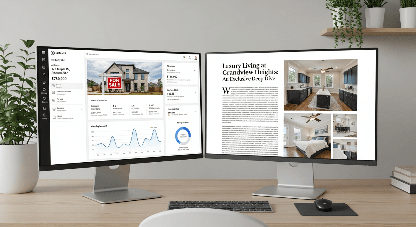 رسم توضيحي لوكيل عقارات يحول البيانات بسرعة إلى عرض عقاري مصقول على شاشة الكمبيوتر