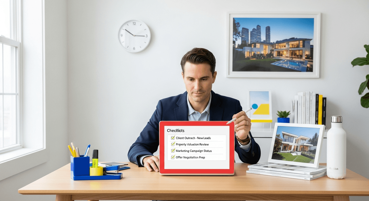 En professionell fastighetsmäklare organiserar SOP-dokument med fastighetsannonser och tidsbesparande ikoner