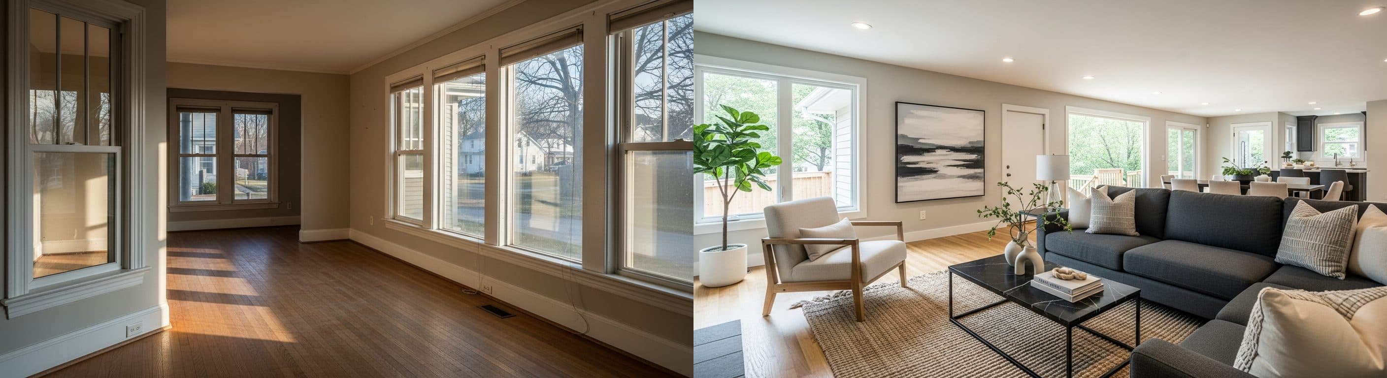 غرفة المعيشة: قبل وبعد التأثيث الافتراضي