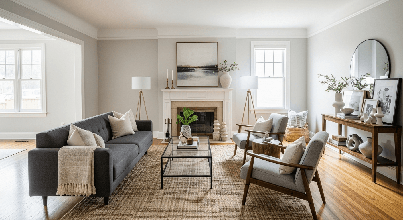 غرفة المعيشة: قبل وبعد التجهيز الافتراضي