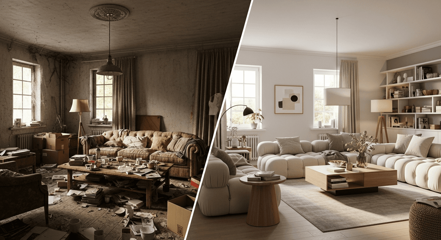 Пример за редактиране на снимки на недвижими имоти преди и след, показващ подобрено изображение на имот