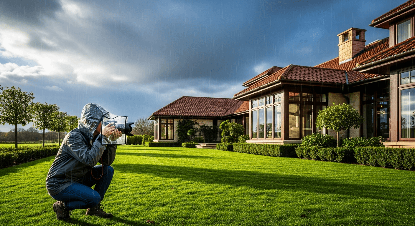 مصور عقارات محترف يلتقط صوراً خارجية للعقارات في المطر بمعدات واقية