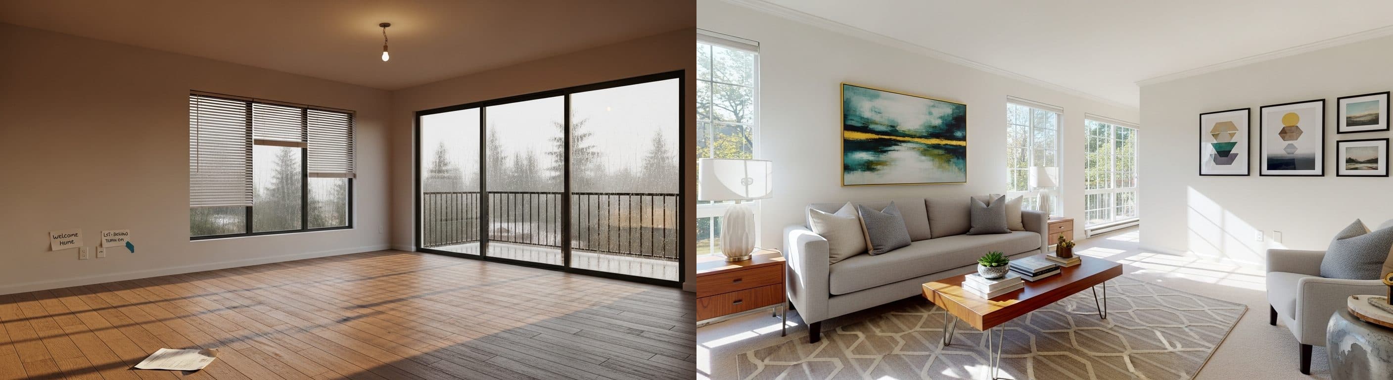 Stue: før vs etter virtuell styling