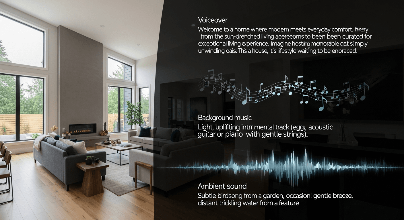 Comparação de locução, música e som original em um tour de vídeo de propriedade imobiliária