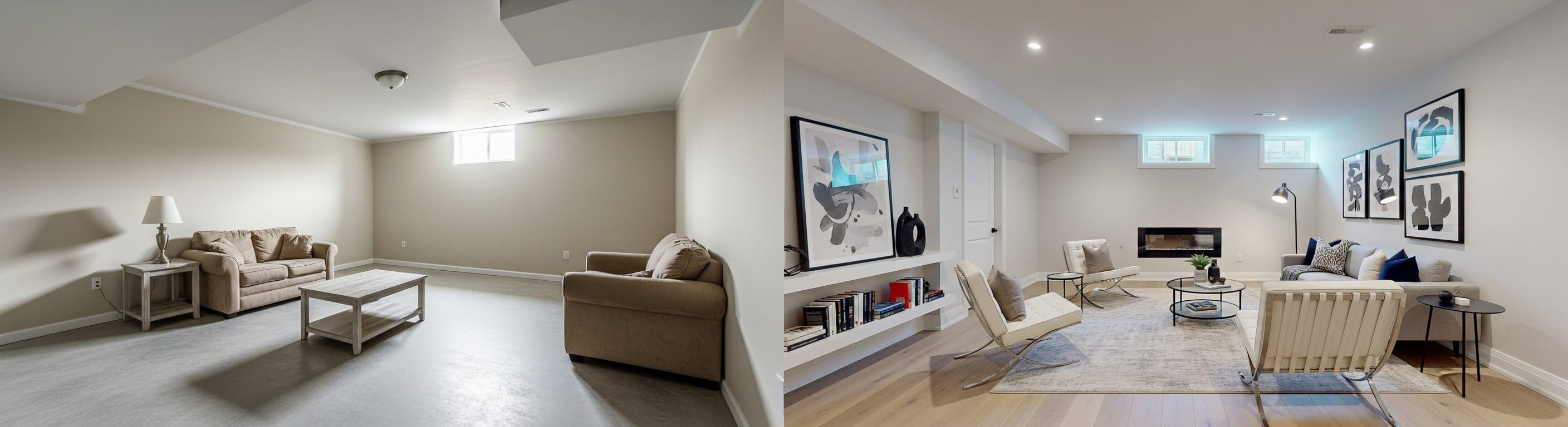 غرفة معيشة في الطابق السفلي: قبل مقابل بعد التأثيث الافتراضي