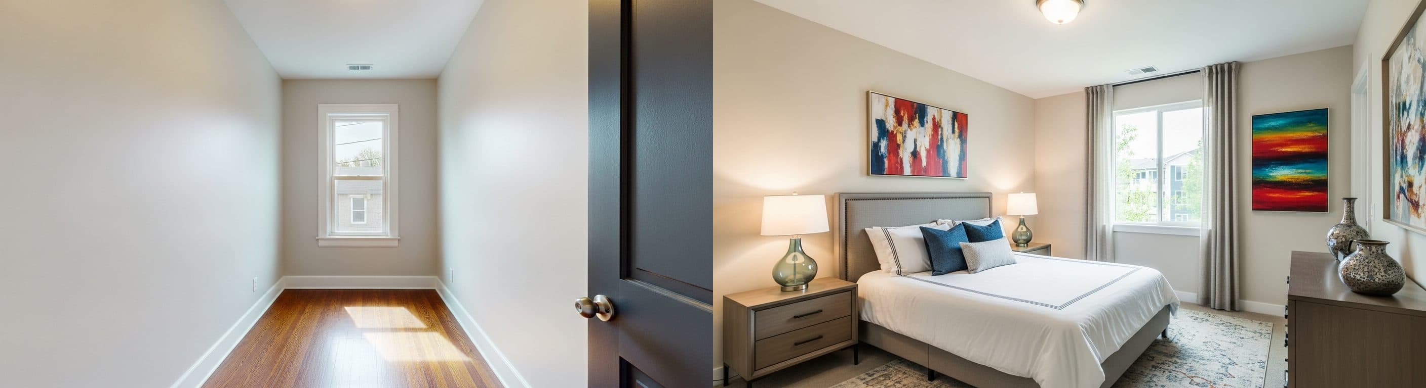 غرفة نوم صغيرة مظلمة: قبل مقابل بعد التأثيث الافتراضي