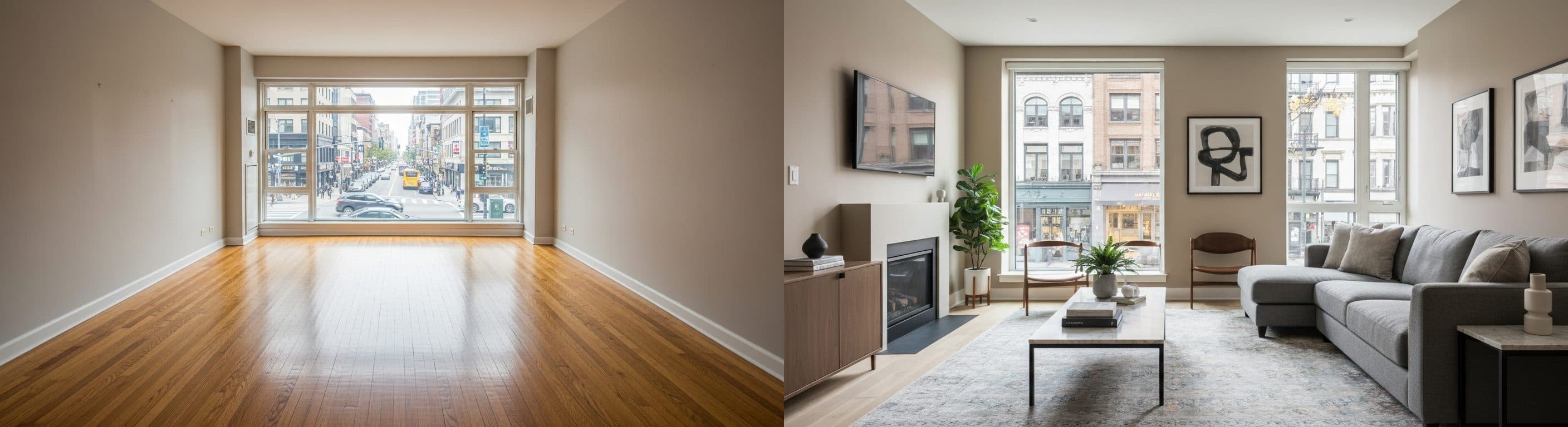 غرفة معيشة مطلة على الشارع: قبل مقابل بعد التأثيث الافتراضي