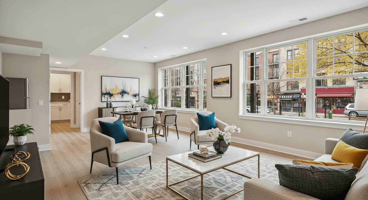 شقة سفلية مؤثثة بشكل مشرق بأثاث عصري وإضاءة وفيرة