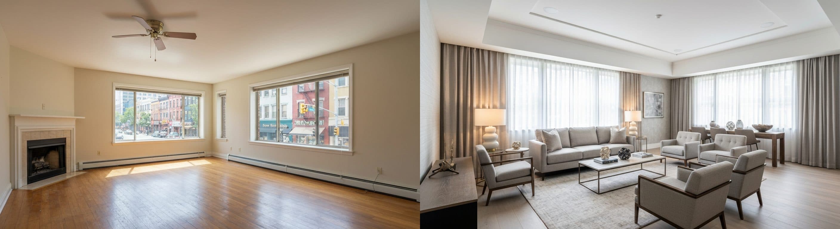 Stue ud mod gaden: før vs efter virtuel staging