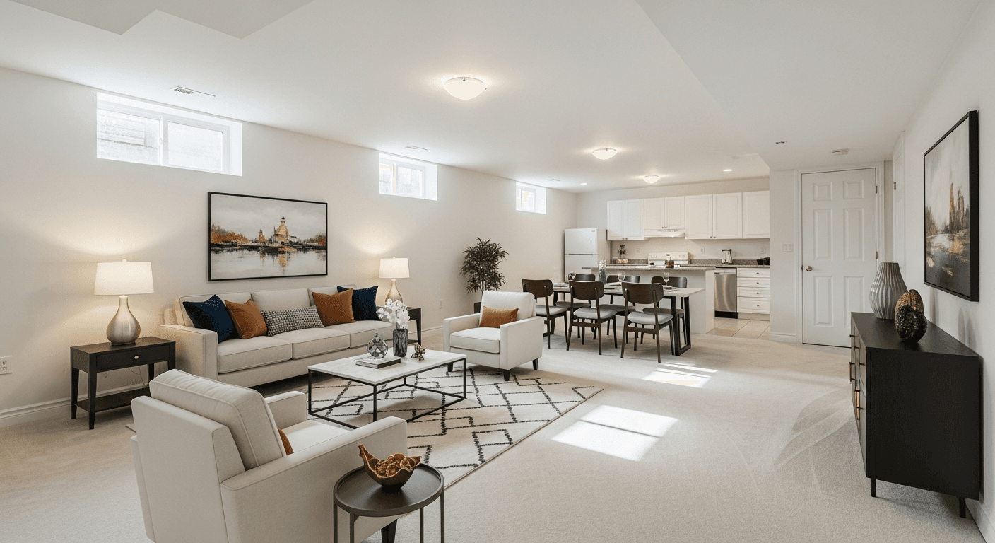 Virtuelt stylet lys kælderlejlighed med moderne møbler og simuleret naturligt lys