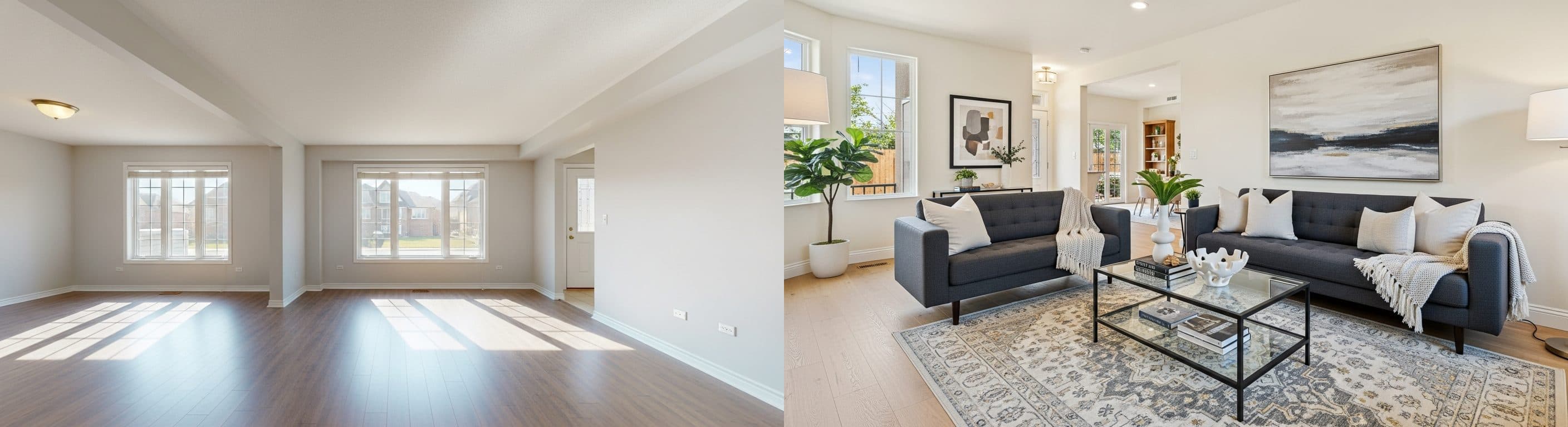 Vardagsrum: före vs efter virtuell staging