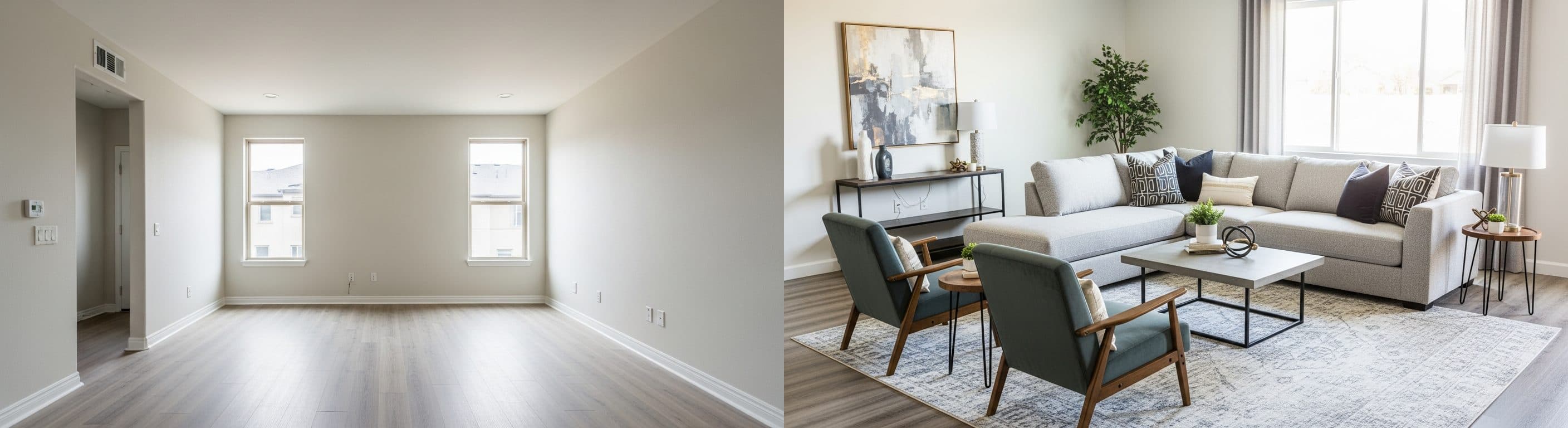 غرفة المعيشة: قبل وبعد التجهيز الافتراضي