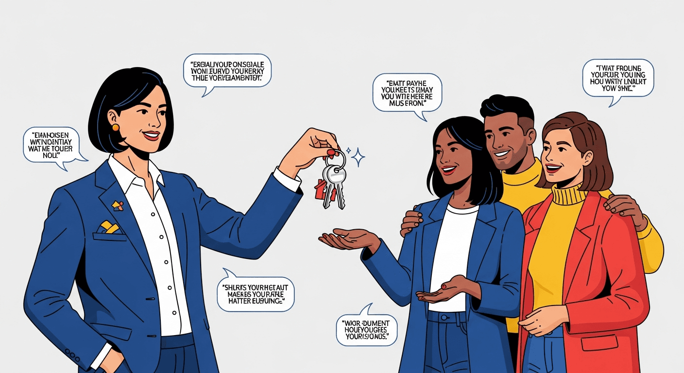 رسم توضيحي لوكيل عقاري يقدم شهادات لمشترين محتملين في منزل حديث