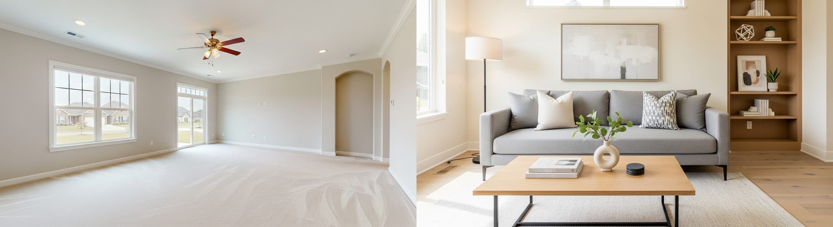 Vardagsrum: före vs efter virtuell homestaging